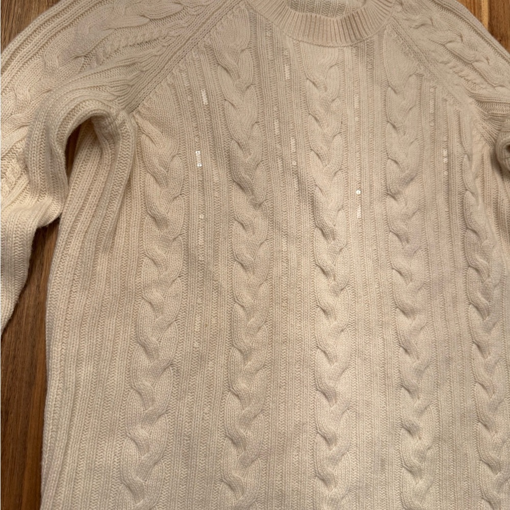 Vince Sequin Cable Knit Merino Wool Cashmere‎ Sweater Cream XS Raglan Pullover